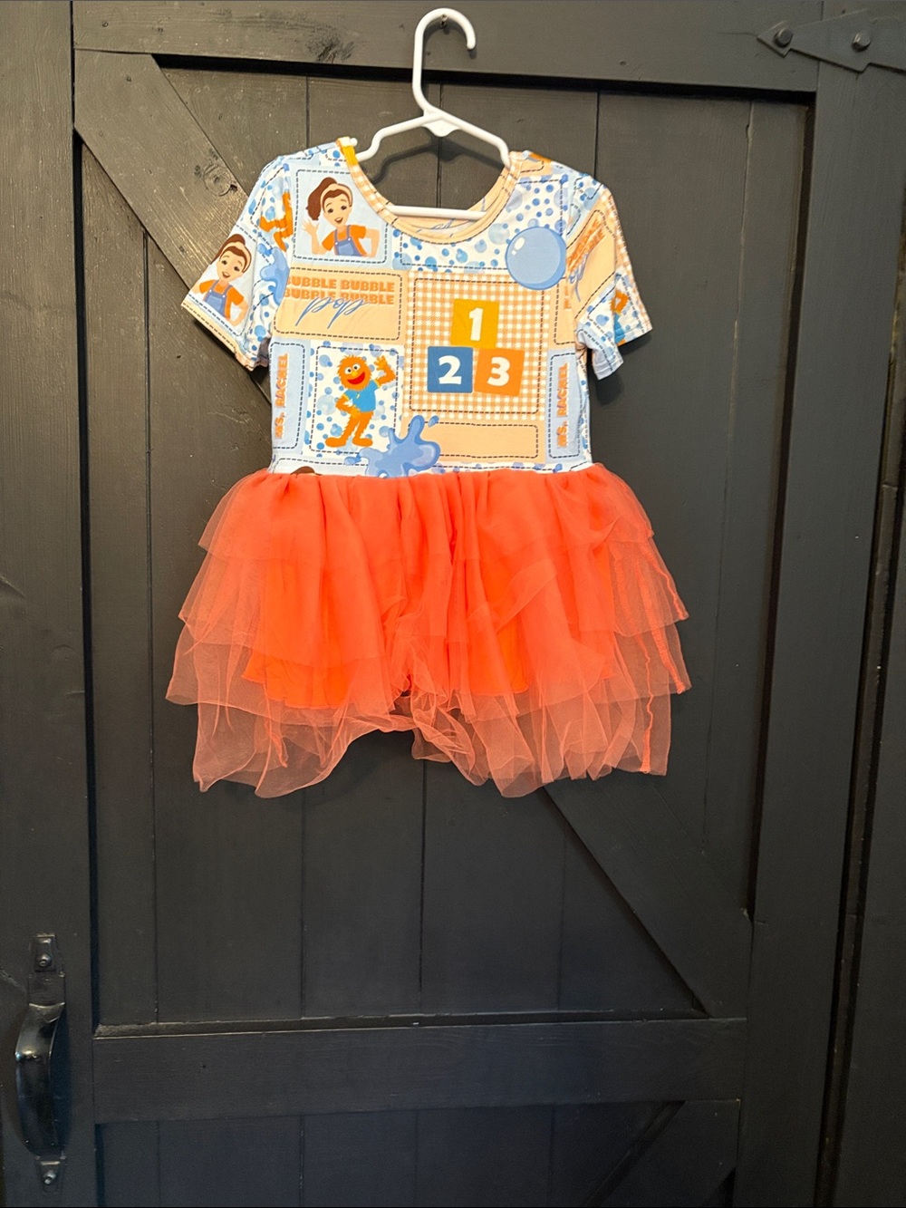 BAMBOO Orange Tulle Skirt Cartoon Print Knit Dress
